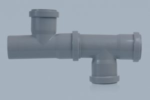 A gray PVC plumbing T-joint with two perpendicular branches, set against a light blue background